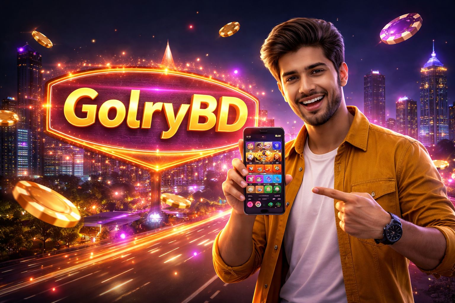 Enthusiastic Bangladeshi gamer showcasing the GolryBD casino lobby on a glowing screen surrounded by golden tokens and vibrant casino elements