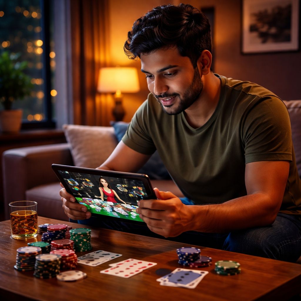 Sophisticated gaming atmosphere with a confident player surrounded by premium poker chips and cards illustrating the upscale casino environment at GolryBD