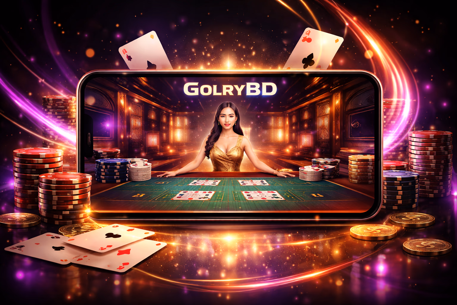 Confident Bangladeshi gamer navigating the GolryBD betting app with casino chips and card graphics glowing in the background