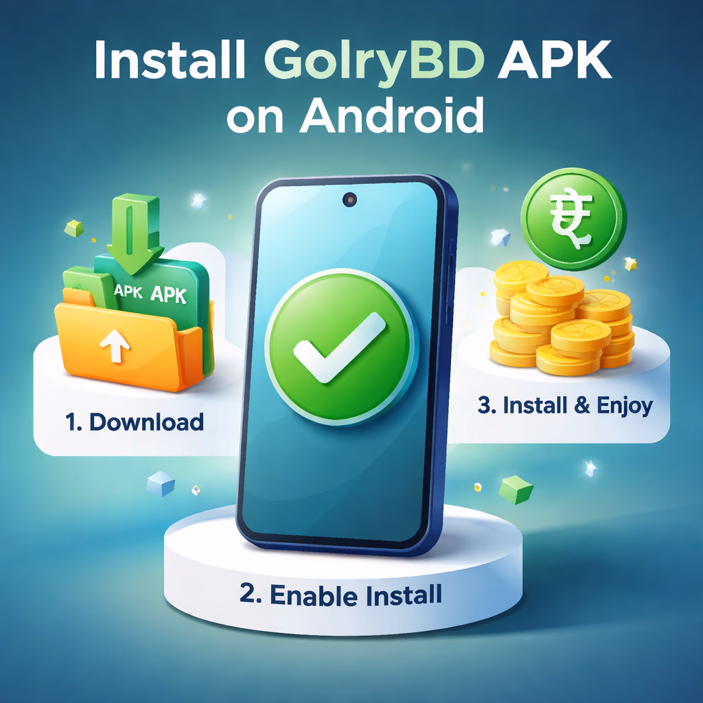 Happy Bangladeshi user successfully installing the GolryBD app on their Android phone in a comfortable living room setting