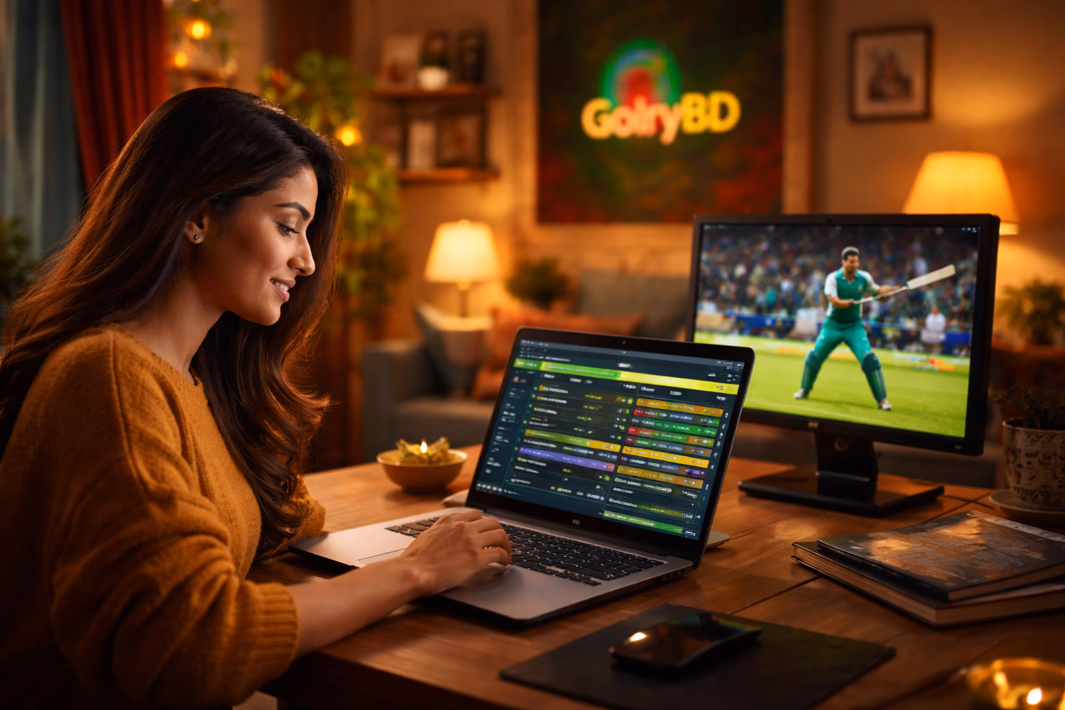 Bangladeshi sports enthusiast analyzing football and cricket betting markets on a laptop through GolryBD while a live match plays on a nearby screen