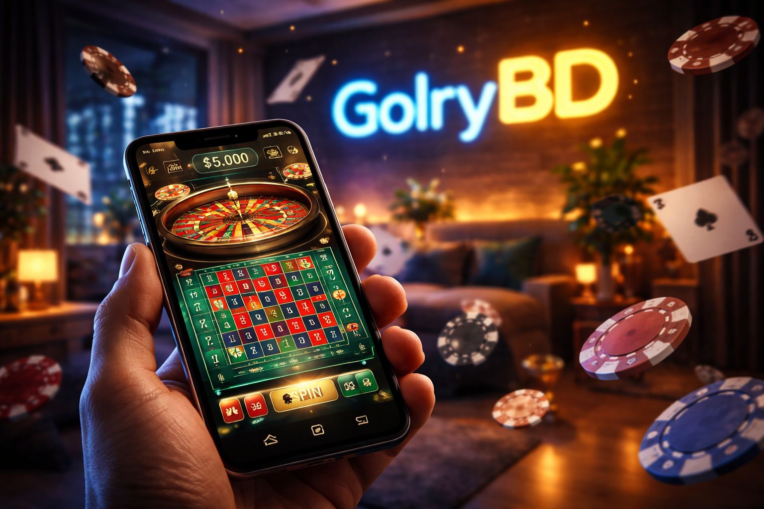 A glowing digital roulette wheel emerging from a laptop surrounded by golden chips and cards representing the vibrant GolryBD casino experience in Bangladesh