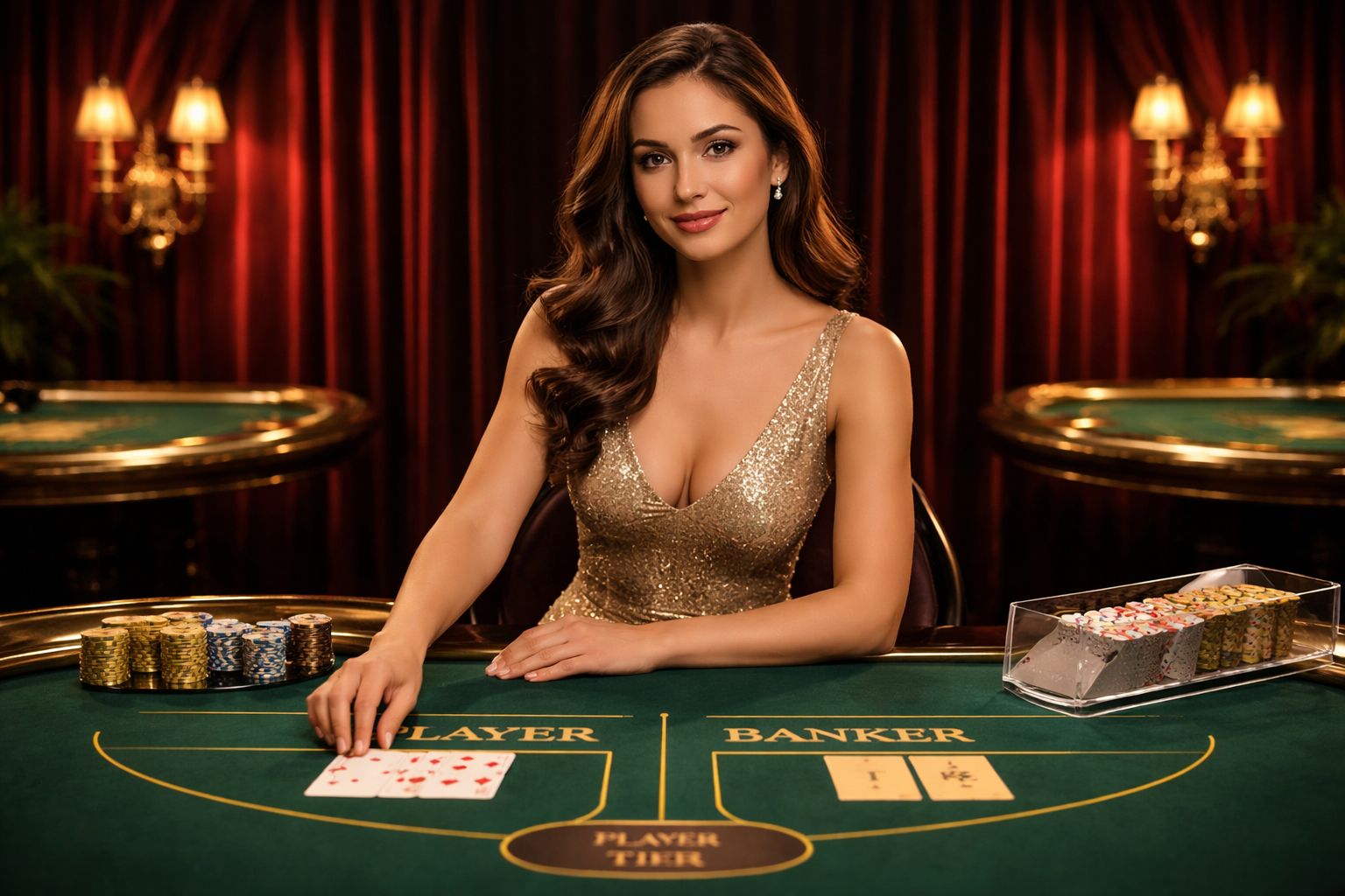 Elegant live casino dealer confidently managing a baccarat table surrounded by luxurious studio lighting representing GolryBD premium gaming in Bangladesh