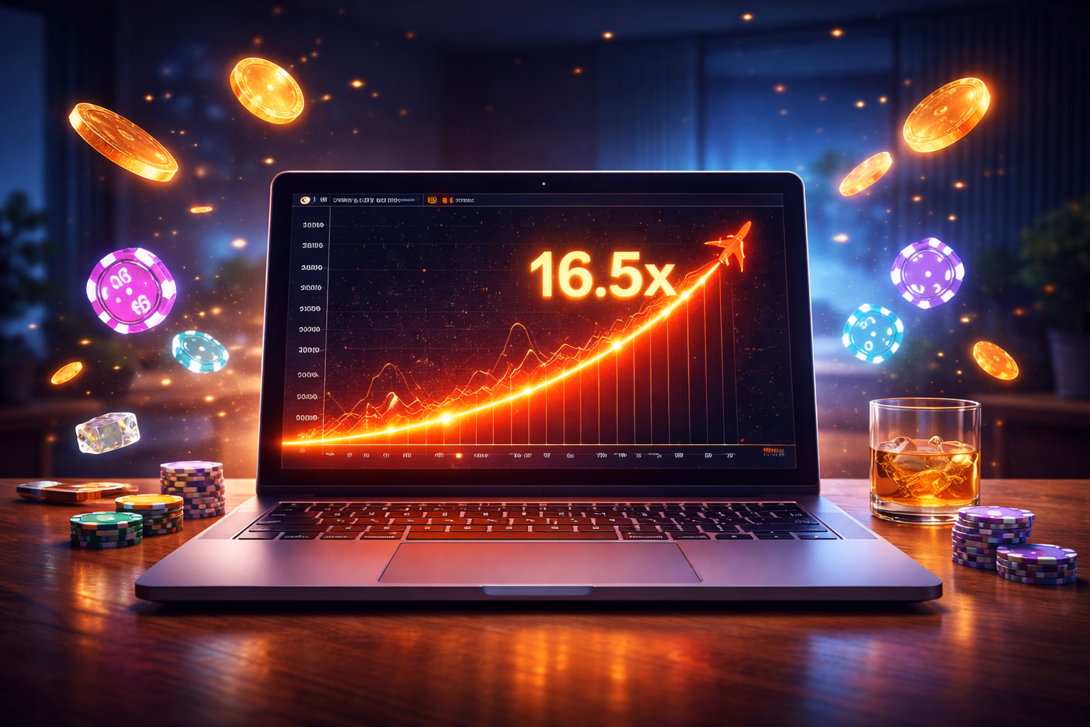 Sleek desktop monitor displaying the GolryBD Aviator crash game alongside glowing betting chips and a luminous roulette wheel creating a dynamic digital gaming atmosphere