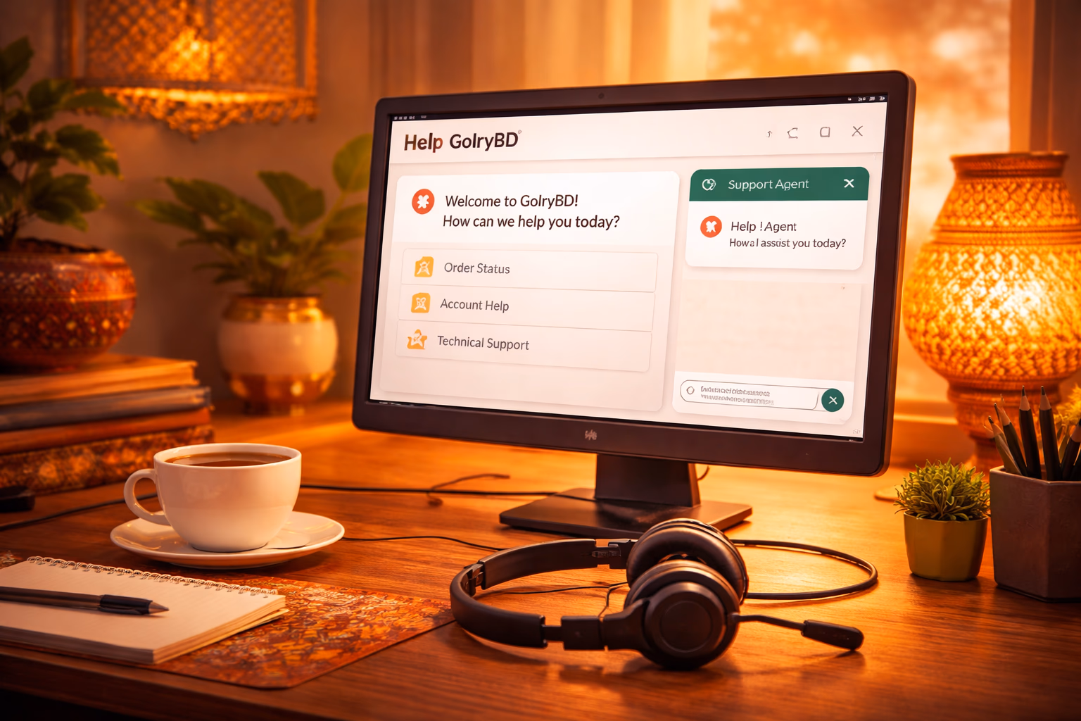Welcoming GolryBD support representative assisting a player with account recovery surrounded by warm lighting and digital tokens