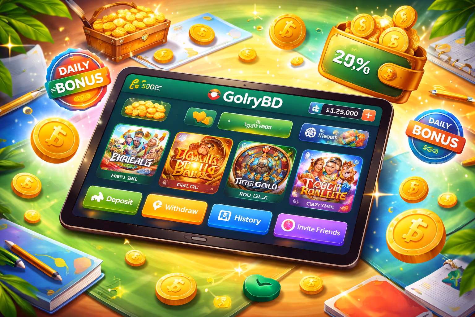 Enthusiastic Bangladeshi player exploring the GolryBD account dashboard displaying bonuses and game categories on a tablet